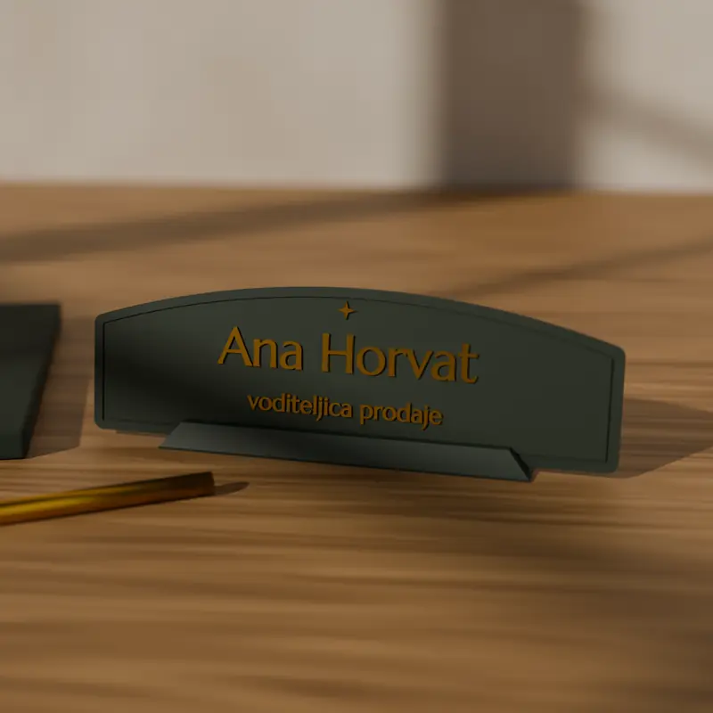 Tamnozelena stolna ploča sa zlatnim natpisom Ana Horvat, voditeljica prodaje, i podnožje
